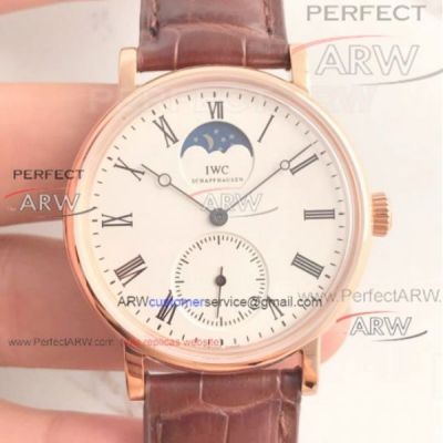 Perfect Replica IWC Portofino Rose Gold Brown Leather Strap Moon Watch 